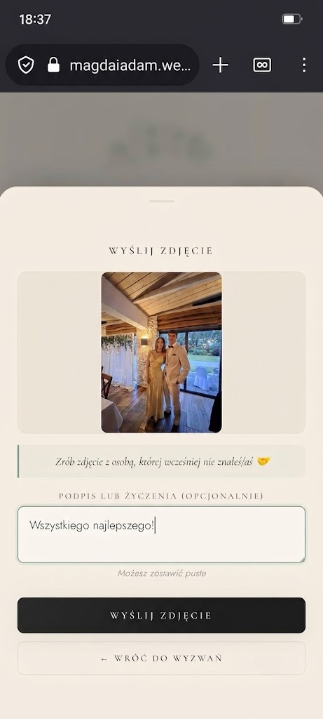Ekran wysyłania zdjęcia z polem na życzenia