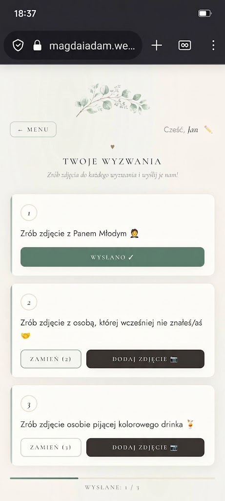 Ekran z trzema foto-wyzwaniami i paskiem postępu
